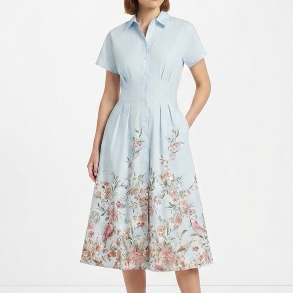 Nicole Miller Floral Bird Print Powder Sky Blue Midi Shirt Dress Size XS